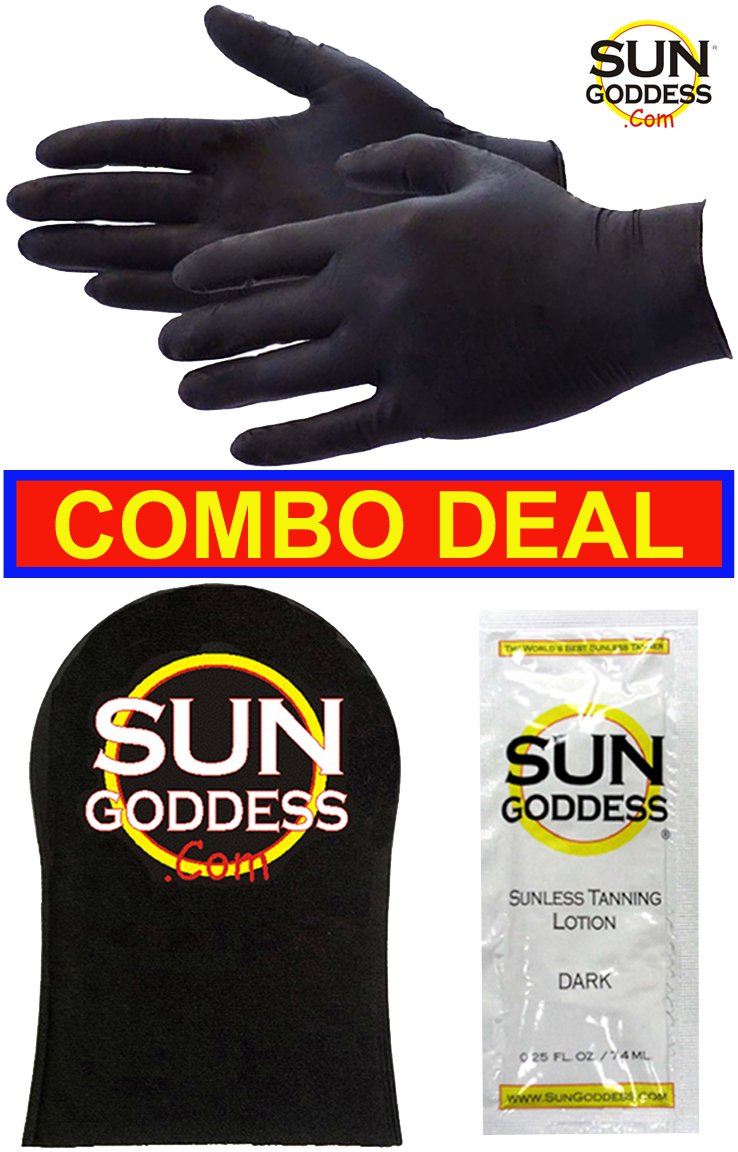 Sun Goddess - Best Combo Deal - Includes: 1 PAIR Sunless Self Tanning Application Gloves + 1 Sunless Self Tanner Lotion Sample + 1 Sunless Self Tan Applicator Mitt. Self Tanning Gloves Mitt Lotion