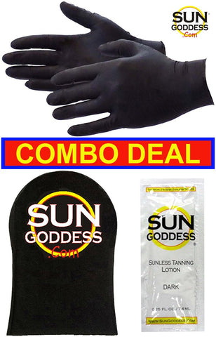 Sun Goddess - Best Combo Deal - Includes: 1 PAIR Sunless Self Tanning Application Gloves + 1 Sunless Self Tanner Lotion Sample + 1 Sunless Self Tan Applicator Mitt. Self Tanning Gloves Mitt Lotion