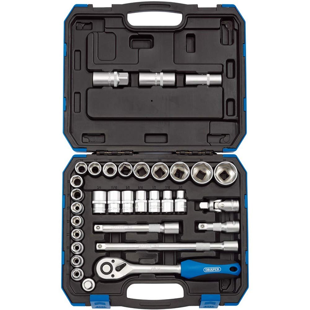 Draper 1/2" 33 Piece MM/AF Socket Set | Micrometre Reversible Hand Tool |Soft Grip Ratchet | 17 Metrics Sockets Mechanics Car Tools | 7 Imperial Sockets| 3 Spark Plug Sockets | 16363