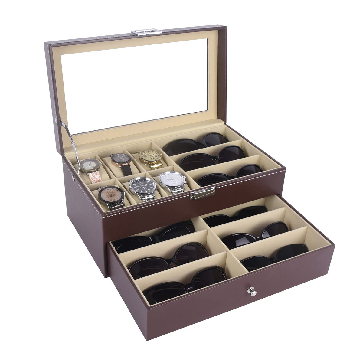 AUTOARK Leather 6 Watch Box Jewelry Case and 9 Piece Eyeglasses Storage and Sunglass Glasses Display Drawer Lockable Case Organizer,Brown,AW-130