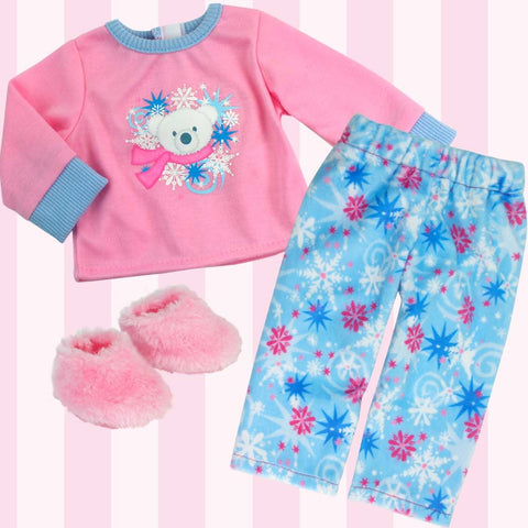 Sophia's - 18" Doll - Fleece Print Pj's, Polar Bear T & Fuzzy Slippers Pajama Set - Pink/Blue