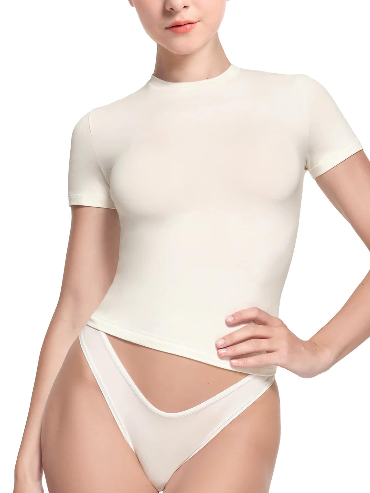 YIANNA Women's Crew Neck Short Sleeve Tops Cotton Slim Fit T Shirts Basic Tee Casual Going Out Top,YA5406-White-M