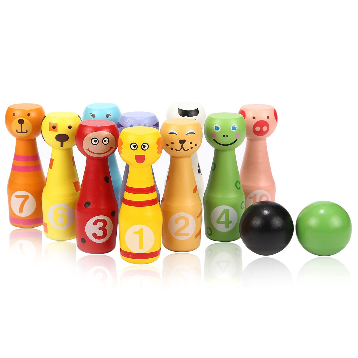 Jacootoys Wooden Bowling Set Skittles Toys with 10 Animal Pins 2 Balls Educational Toy Gift for Kids 2 3 4 5 Years and Up