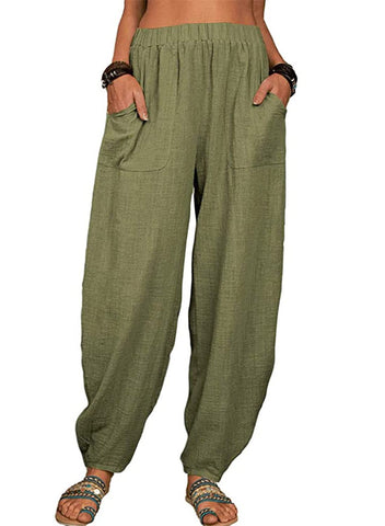 utcoco Women's Cotton Linen Harem Pants Casual Loose Fit High Waisted Pants Trousers with Pockets (Small, Army Green)