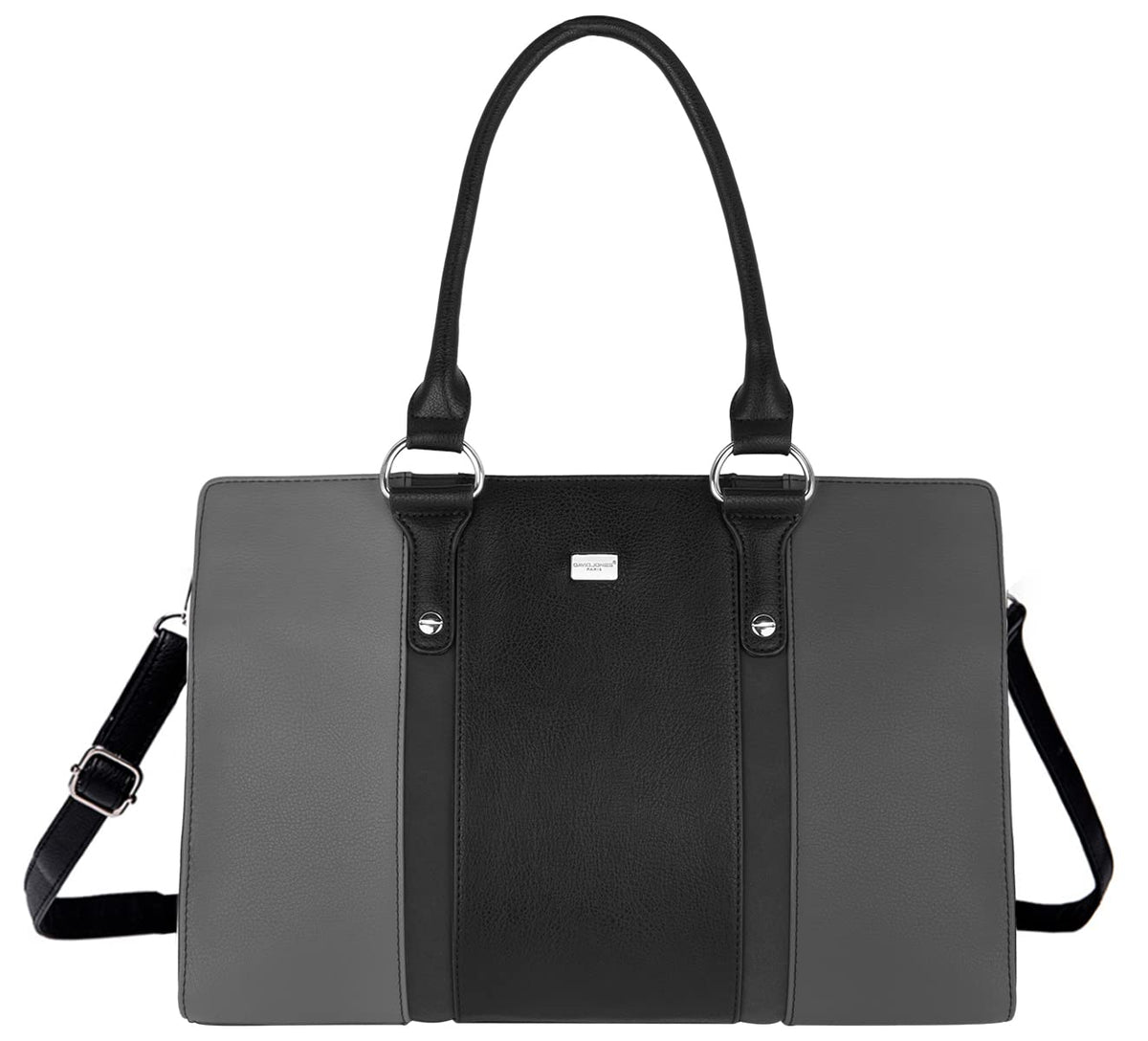 David Jones - Womens Large Size Tote Handbag - Long Handles Shoulder Bag - Striped Faux Leather Lady Handbag - Rigid Shopper Top-Handle Satchel Bag - City Briefcase Work School Office - Grey
