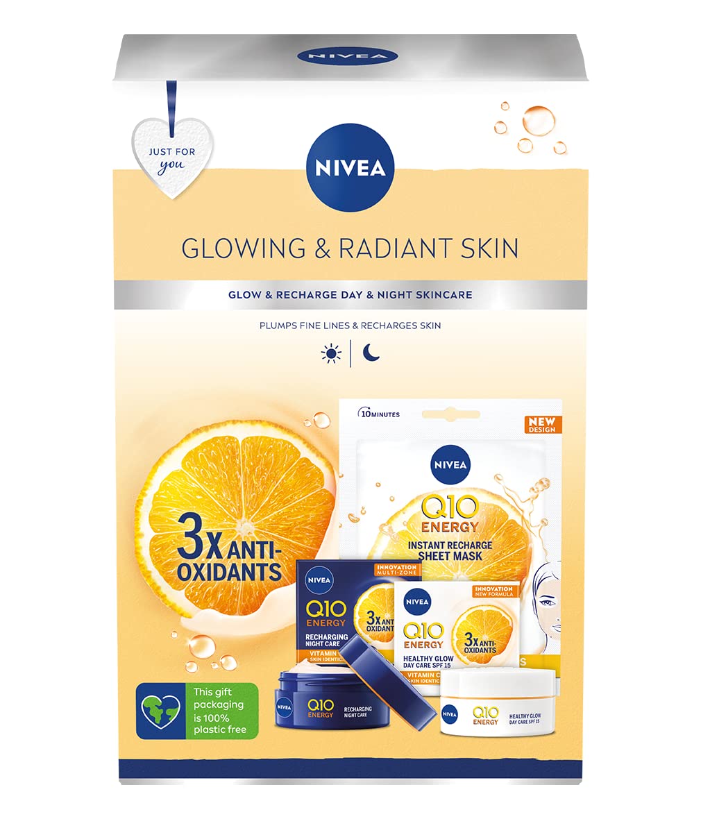 NIVEA Glowing & Radiant Gift Set (3 Pieces), NIVEA Gift Set Includes 100% Skin Identical Q10 Enriched Day Cream, Night Cream, and Face Sheet Mask, Gifts for Women