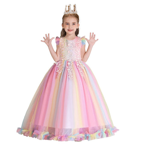 HIHCBF Flower Girls Embroidered Lace Princess Communion Dress Ruffle Tulle Wedding Birthday Pageant Evening Ball Gown Rainbow 11-12T