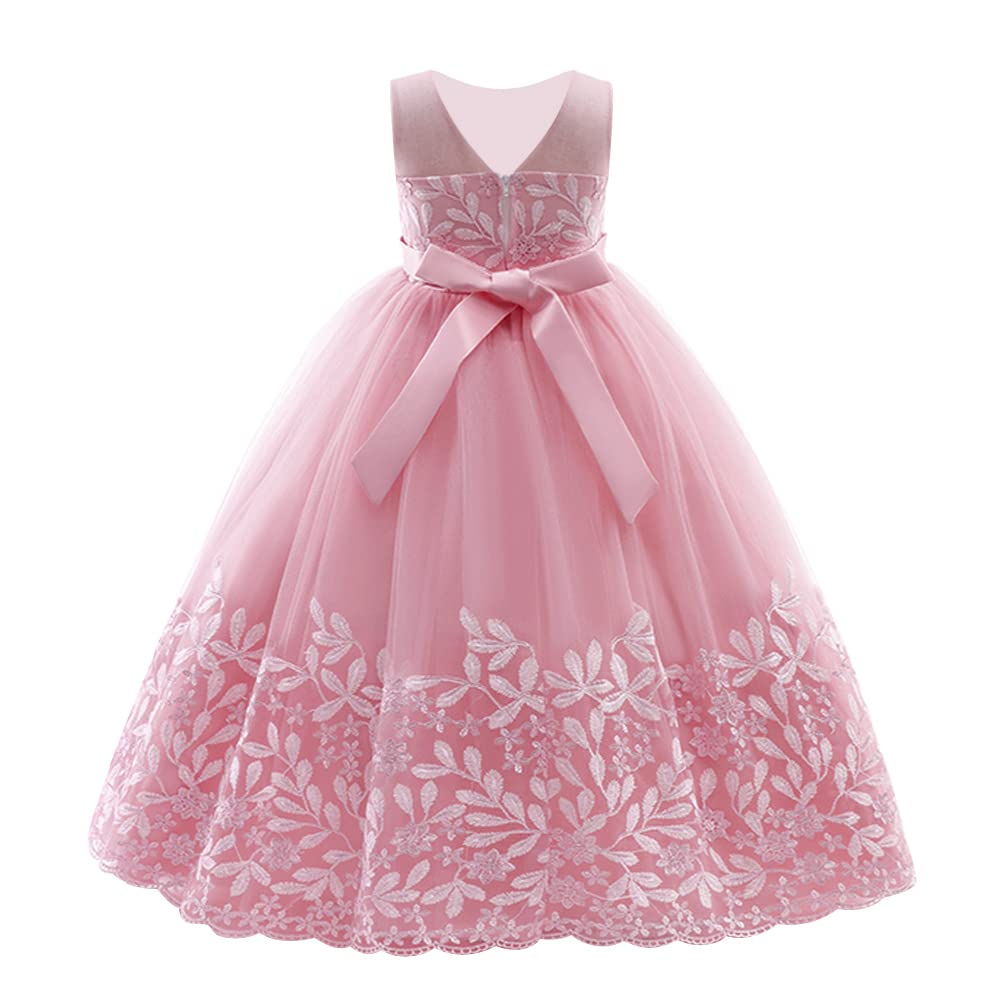 Flower Girl Lace Dress for Kids Wedding Bridesmaid Pageant Party Formal Long Maxi Gown Big Little Princess Communion Birthday Prom Beaded V-Back Bowknot Tulle Dresses Dusty Pink - V-Back 5-6 Years