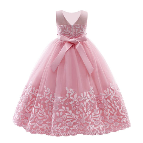 Flower Girl Lace Dress for Kids Wedding Bridesmaid Pageant Party Formal Long Maxi Gown Big Little Princess Communion Birthday Prom Beaded V-Back Bowknot Tulle Dresses Dusty Pink - V-Back 5-6 Years