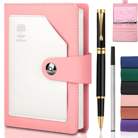 FEIDIAO A6 PU Leather Notebook, 6 Ring Binder Journal with Magnetic Buckle, Ballpoint Pen, A6 Refill Paper, Tree of Life Refillable Travel Journal,Hardcover Personal Planner for Women&Men(Pink)