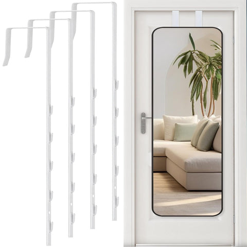 4 Pcs Over-The-Door Mirror Hanger, Adjustable 13.7 inch Door Mirror Hanger Set with Protective Lining, Hanging Mirror Over Door Hook Mirror Brackets, Perfect Height and Fit (White)