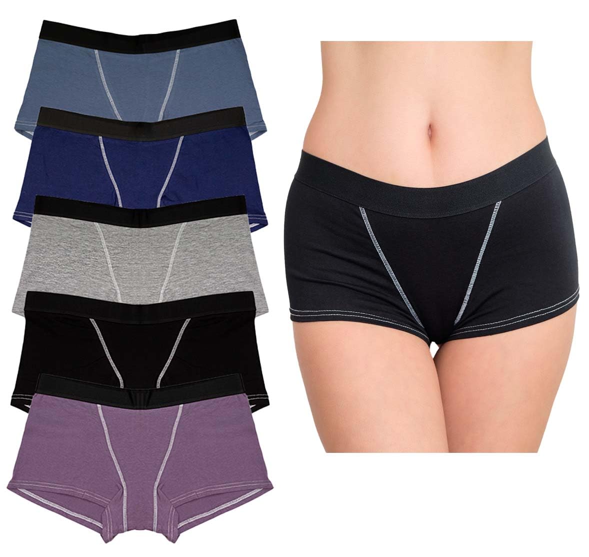 Nabtos Women Boxers Basic Cotton Boyshort Solid Color Panties Underwear Ladies Breathable Comfortable Briefs Pack 5, Dark Colors, L