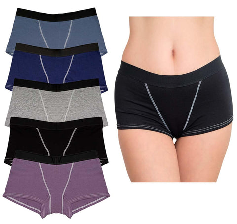 Nabtos Women Boxers Basic Cotton Boyshort Solid Color Panties Underwear Ladies Breathable Comfortable Briefs Pack 5, Dark Colors, L