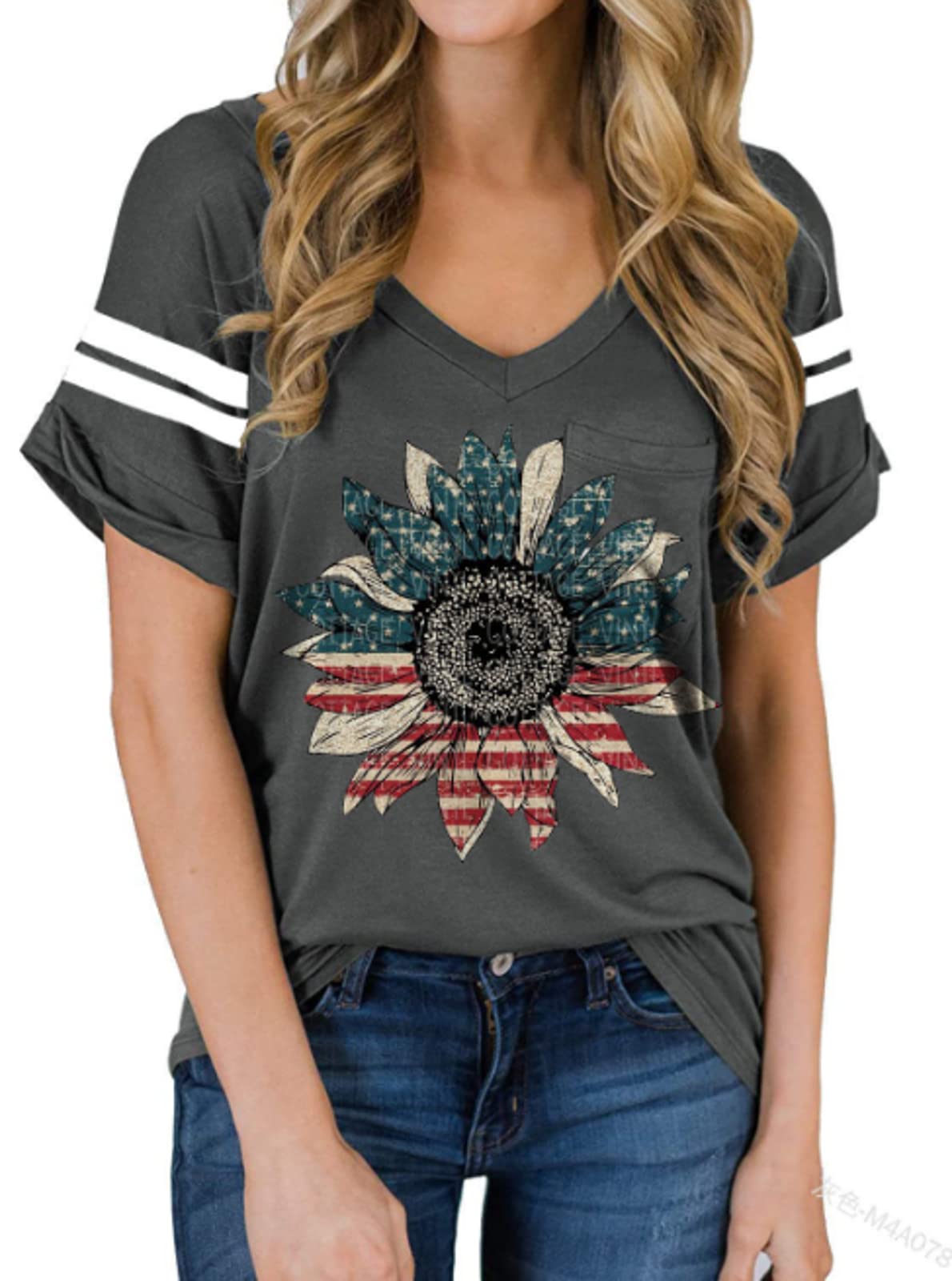 Women's Fashion Printed Vneck Short Sleeve Tshirt Creative Flower Printed Casual Tshirt Summer New Loose Plus Size Tshirt Grey XL