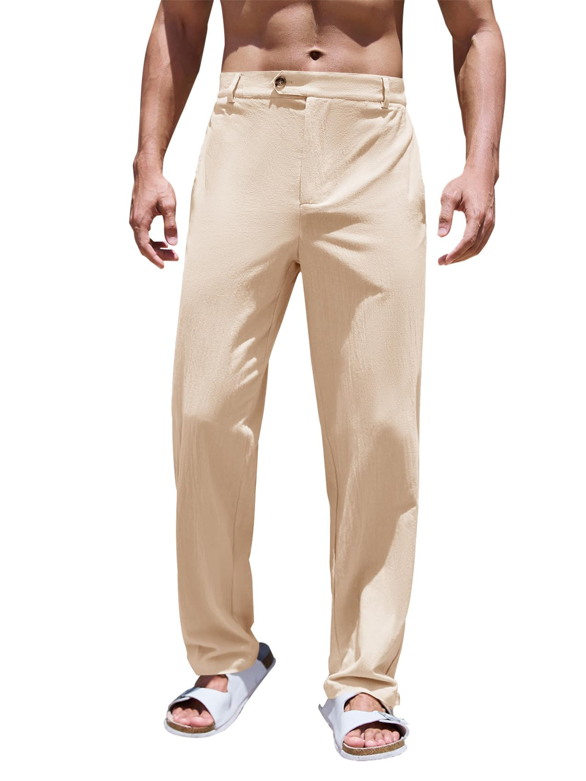 PASLTER Mens Cotton Linen Loose Pant Casual Lightweight Flat-Front Trouser Yoga Beach Pants for Men Khaki