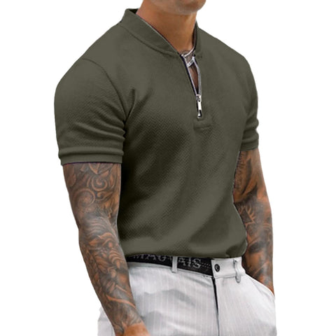 Men's Polo Shirt Summer Solid Color Casual Zipper Collar Short Sleeve T Shirts Green 3XL