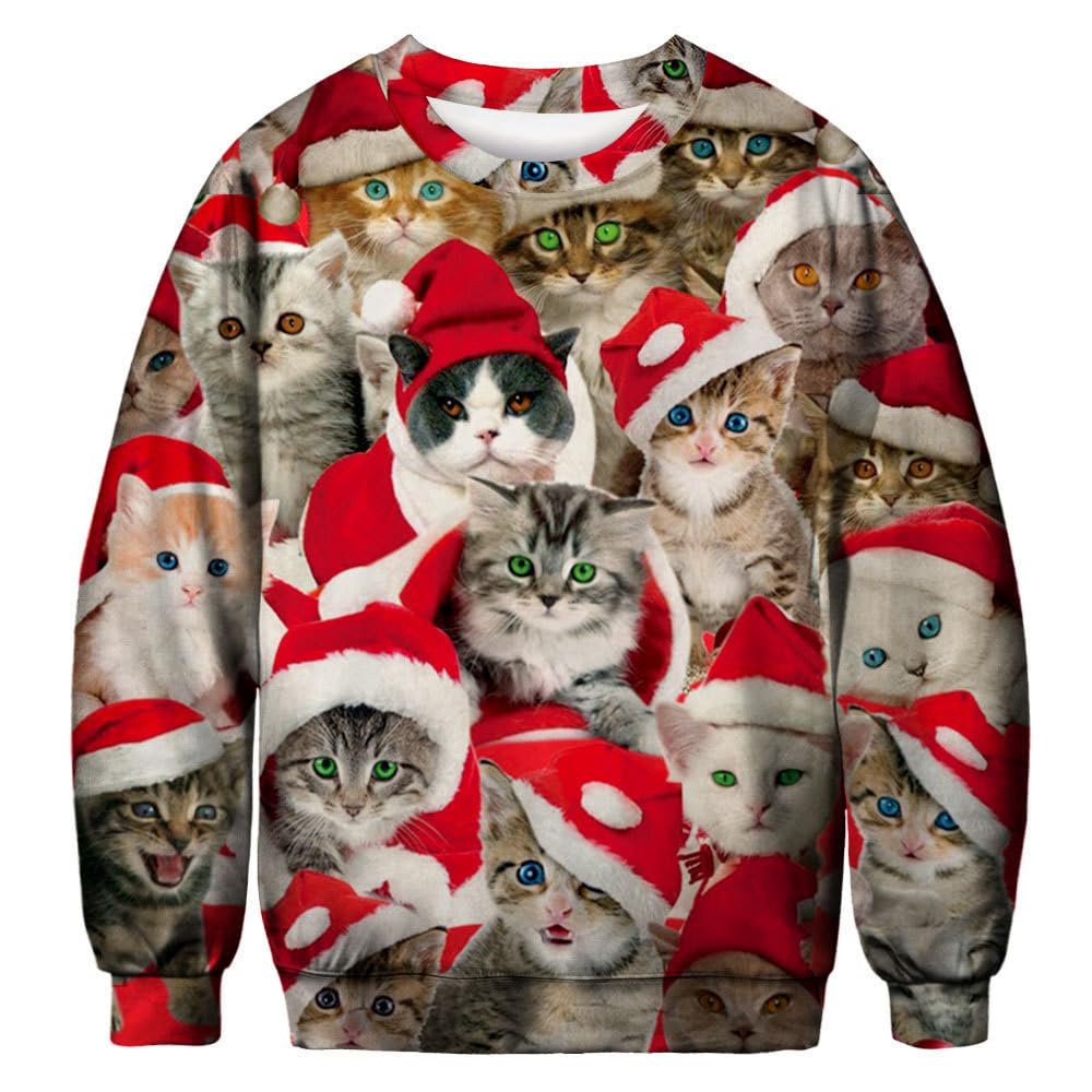 PERSOVERSIA Unisex Ugly Christmas Sweatshirt Novelty 3D Graphic Crewneck Pullover Long Sleeve Xmas Party Shirt, Christmas Cats, XXL