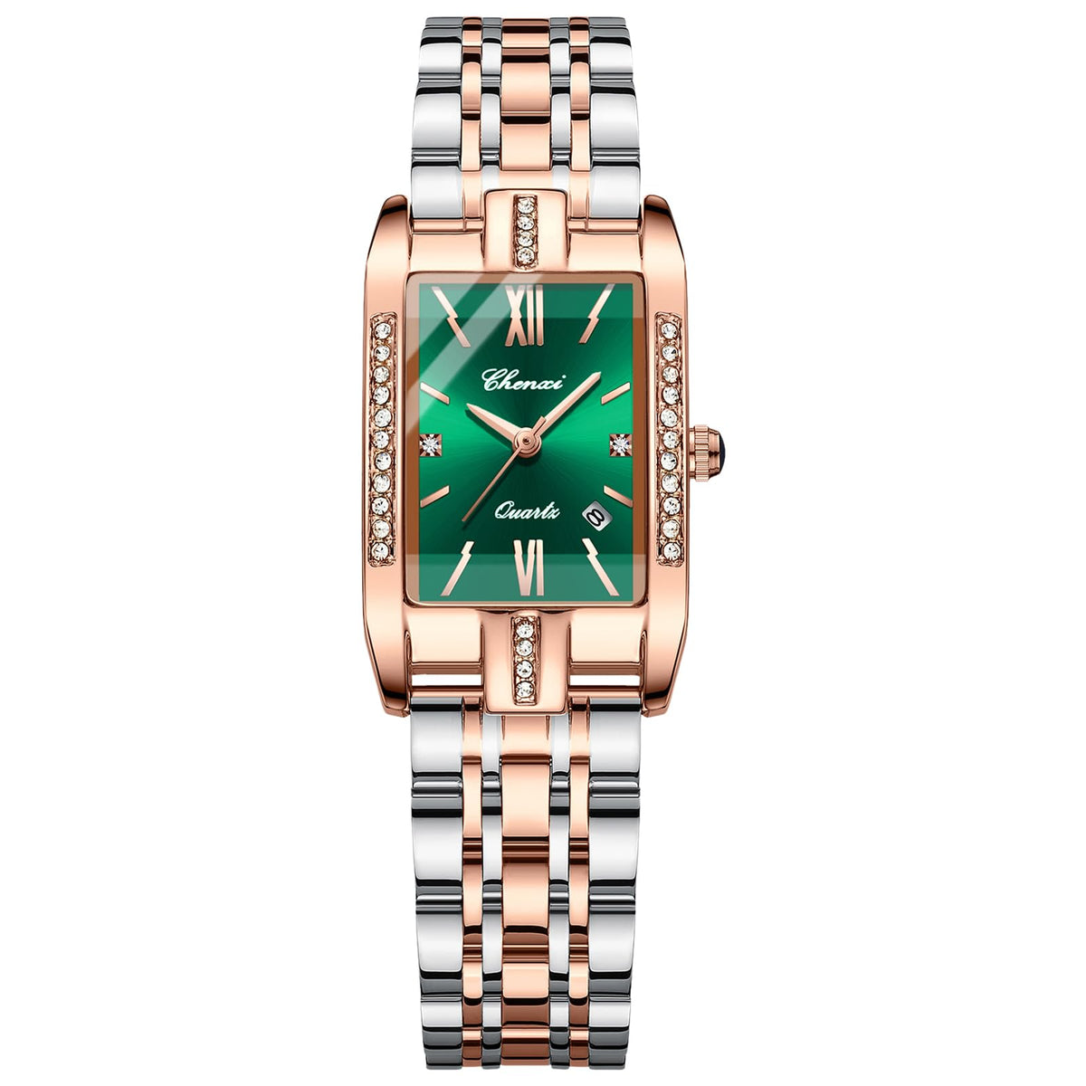 OIDEA Women's Watches Rectangular Wrist Watch: Women's Watch Analogue Quartz Watch with Roman Numerals Dial Rhinestone Calendar Casual with Metal Strap Gift for Women, Green, Bracelet
