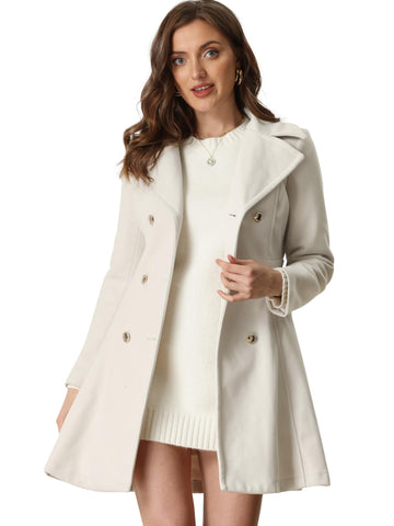 Allegra K Winter Long Coat for Women's Lapel Collar Double Breast Coats Cream White M