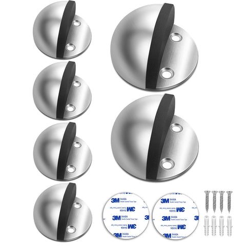 Door Stopper, Floor Door Stop Stainless Steel Adhesive Floor Mount Doorstops No Drill Rubber Door Stops for Bottom of Door, Brushed Nickel, 6 Pack