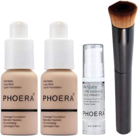 Glamza Full Coverage Makeup Set with 2x Foundation (102 Nude), Primer Gel & Applicator Brush - Complete Face Cosmetics Kit for Women