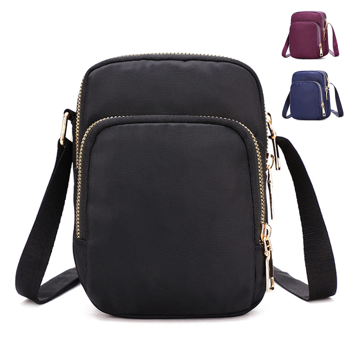 Cross Body Phone Bag Women, Women Girls Zipper Cross Body Phone Bags,Nylon Wallet Shoulder Bag,3 Layers Zipper Cellphone Purse with Adjustable Strap. (Black)