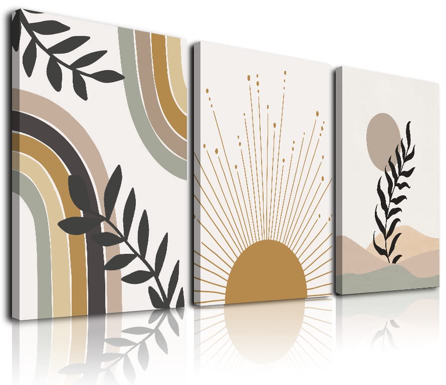 Minimalist Boho Wall Art, Boho Wall Decor, Framed Canvas Wall Art Sun Moon Palm Leaf Mountain Rainbow Beige Artwork Prints, Office, Boho Room Decor (12"x16"x3)