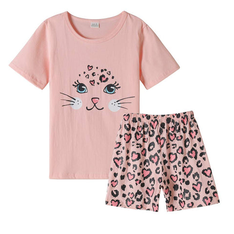MyFav Girls Summer Pajamas Set Cute Cheetah Short Sleeve and Short Pants Pjs Set Kids Loungewear
