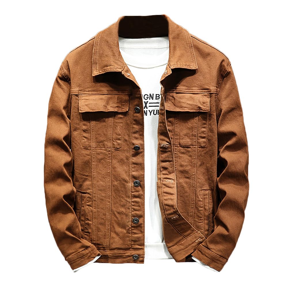 Rexcyril Men's Regular Fit Denim Jacket Casual Button Down Washed Long Sleeve Jean Trucker Jacket, Brown, Medium