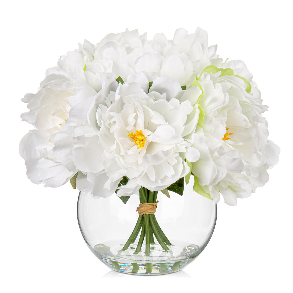 Oairse Peony Artificial Flowers in Vase 6 Head Real Touch Fake Peonies Flower in Glass Vase with Faux Water Silk White Faux Flower Arrangement for Home Bathroom Wedding Table Centerpiece Decoration