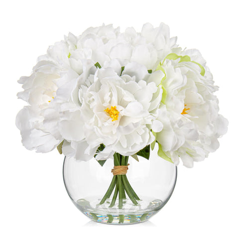 Oairse Peony Artificial Flowers in Vase 6 Head Real Touch Fake Peonies Flower in Glass Vase with Faux Water Silk White Faux Flower Arrangement for Home Bathroom Wedding Table Centerpiece Decoration
