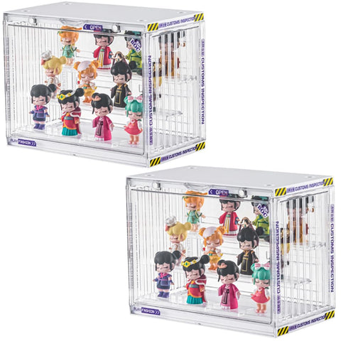 Clear Display Case for Figures, 3 Tier Adjustable Display Stand, Acrylic Display Box with Magnetic Door, Dustproof Showcase for Collectibles Mini Toys Funko Pop Popmart Action Figures (Clear-2 Pack)