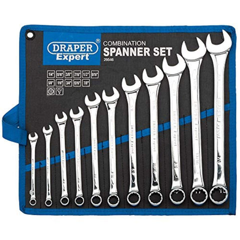 Draper Expert HI-TORQÂ® 1/4" to 7/8" Combination Spanner Set | 11 Piece Chrome Vanadium Steel Hand Tools | Imperial Manual Plated Tools | 29546