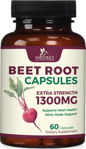 Beet Root Supplement - 1300mg Extra Strength Beetroot Powder Extract Supports Nitric Oxide Production & Natural Energy - Vegan Herbal Pills Support Heart Health, Non-GMO, Gluten Free - 60 Capsules