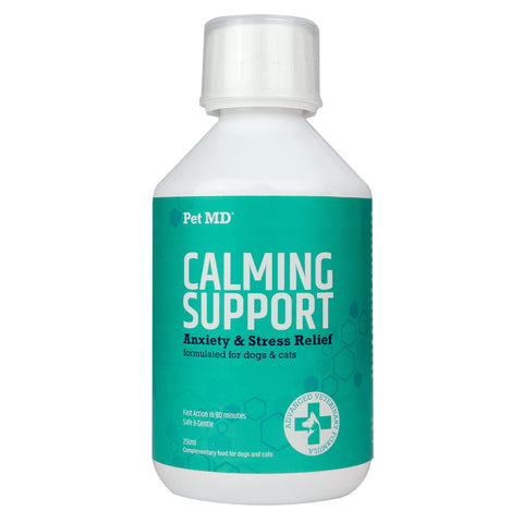 Pet MD Calming Support Cat & Dog Anxiety Relief Aid - Dog Stress and Anxiety Relief - Cat Relaxer Oil- Fireworks & Separation Anxiety Relief for Dogs - Caramel Flavour - 250mL