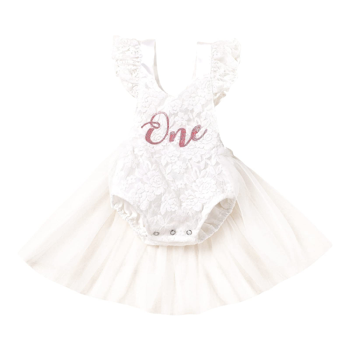 Baby Girl First Birthday Outfit Lace Tulle Romper Princess Tutu Dress One Year Old Birthday Cake Smash Photography Clothes White 9-12 Months