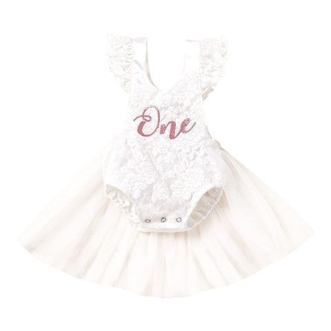 Baby Girl First Birthday Outfit Lace Tulle Romper Princess Tutu Dress One Year Old Birthday Cake Smash Photography Clothes White 9-12 Months