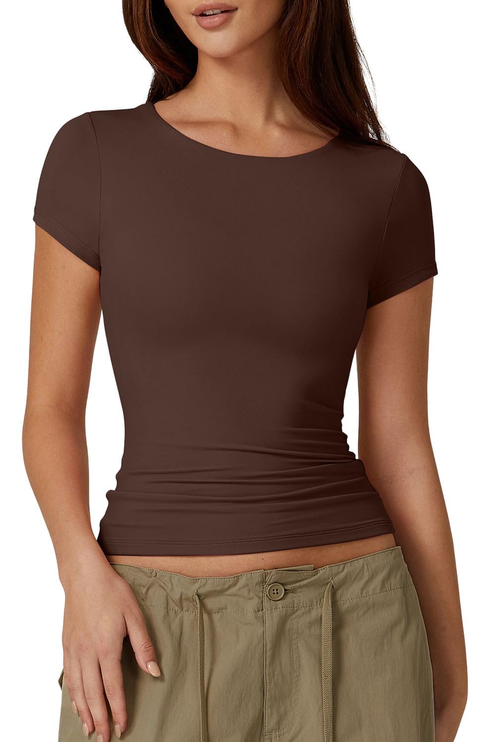 QINSEN Crop Tops for Women Crewneck Short Sleeve T Shirts Summer Y2K Going Out Top, Coffee Bean Medium