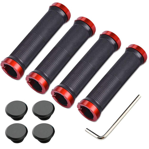 Aiqeer 2 Pairs Bike Handlebar Grips, Anti-Slip Rubber Bicycle Handle Grips with Aluminum Double Lock, Bike Handle Protector for MTB BMX (Red)