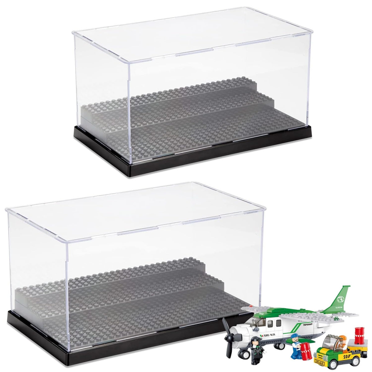 RHBLME 2 Pack Display Case for Minifigures Action Figures Blocks, Clear & Dustproof Acrylic Minifigure Display Case Box Storage with 3 Movable Steps, Figure Display Case for Lego Lovers