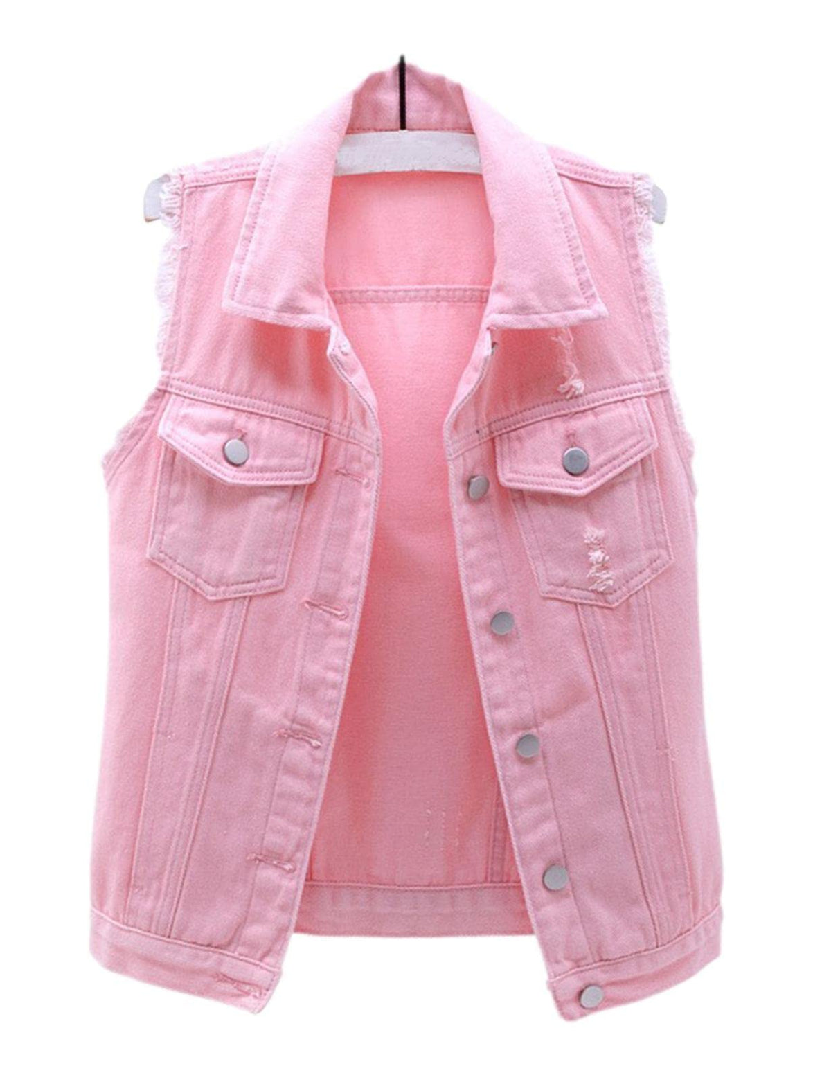 HALITOSS Women's Buttoned Washed Denim Jacket Sleeveless Crop Vest 6 Color - Pink - Large