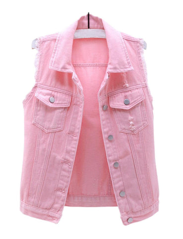 HALITOSS Women's Buttoned Washed Denim Jacket Sleeveless Crop Vest 6 Color - Pink - Large