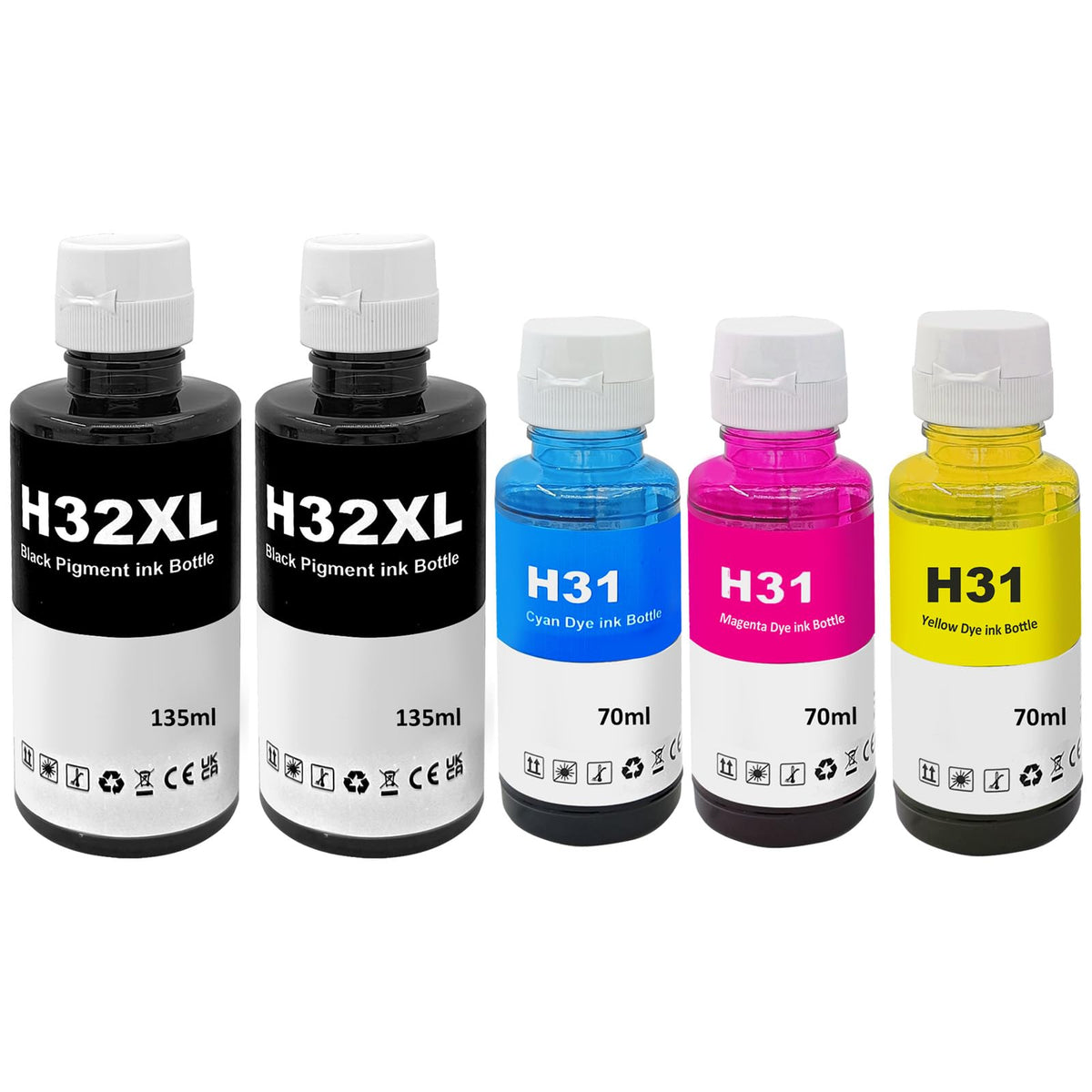 SHUOLEI Refill Ink Bottle Compatible with HP 31 32XL 32 XL Work with Smart Tank 7301 6001 7602 5101 7001 Smart Tank Plus 551 651 455 457 450 Printer (5-Pack, 2Black Cyan Magenta Yellow)