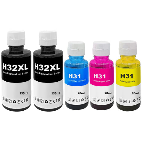 SHUOLEI Refill Ink Bottle Compatible with HP 31 32XL 32 XL Work with Smart Tank 7301 6001 7602 5101 7001 Smart Tank Plus 551 651 455 457 450 Printer (5-Pack, 2Black Cyan Magenta Yellow)