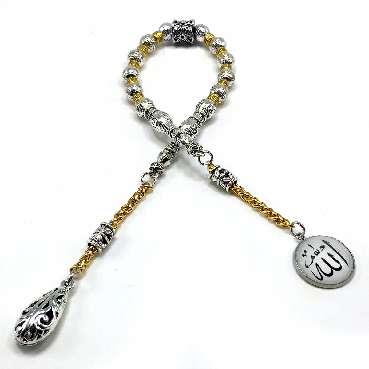 '-Zaza Collection- Zaza Stress Worry Beads-Prayer Beads-Tesbih-Tasbih-Tasbeeh-Misbaha-Masbaha-Subha-Rosary (-Silver Plated (8 mm) Beads and Allah Pattern-)