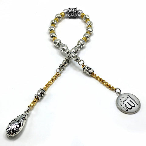 '-Zaza Collection- Zaza Stress Worry Beads-Prayer Beads-Tesbih-Tasbih-Tasbeeh-Misbaha-Masbaha-Subha-Rosary (-Silver Plated (8 mm) Beads and Allah Pattern-)