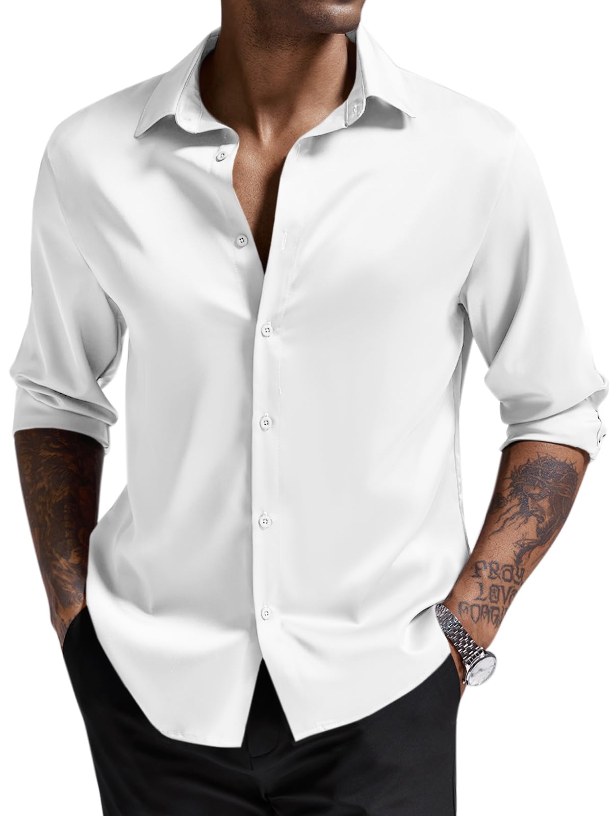 Runcati Mens Satin Silk Dress Shirt Long Sleeve Button Down Luxury Business Party Prom Shirts White