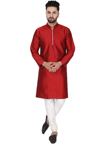 SKAVIJ Men's Brocade Art Silk Woven Design Kurta Pajama Set Checked Pattern Festive Party Dress (KP038red_Red_S)
