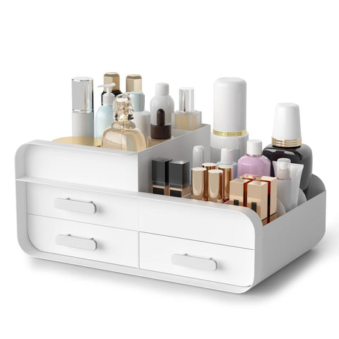 Makeup Organiser Cosmetic Storage Box, Make up Organizer Dressing Table Plastic Cosmetics Holder with Drawer - Large Countertop Vanity Cosmetic Stand Containers for Beauty Skincare Jewellery, White