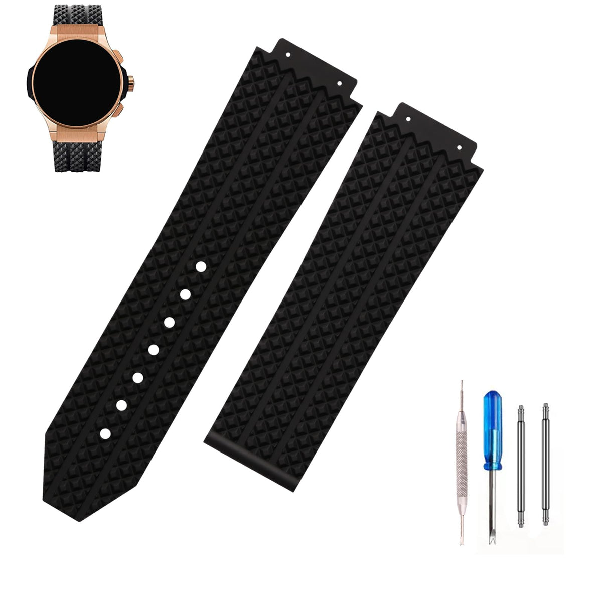 MMBAY Big Bang Rubber 25mm Silicone Watch Bands Replacement Fit for Hublot 19mm*25mm*22mm Big Bang Watch Strap Wirstband(without metal buckle) For Men and Women (Black Daimond Pattern)